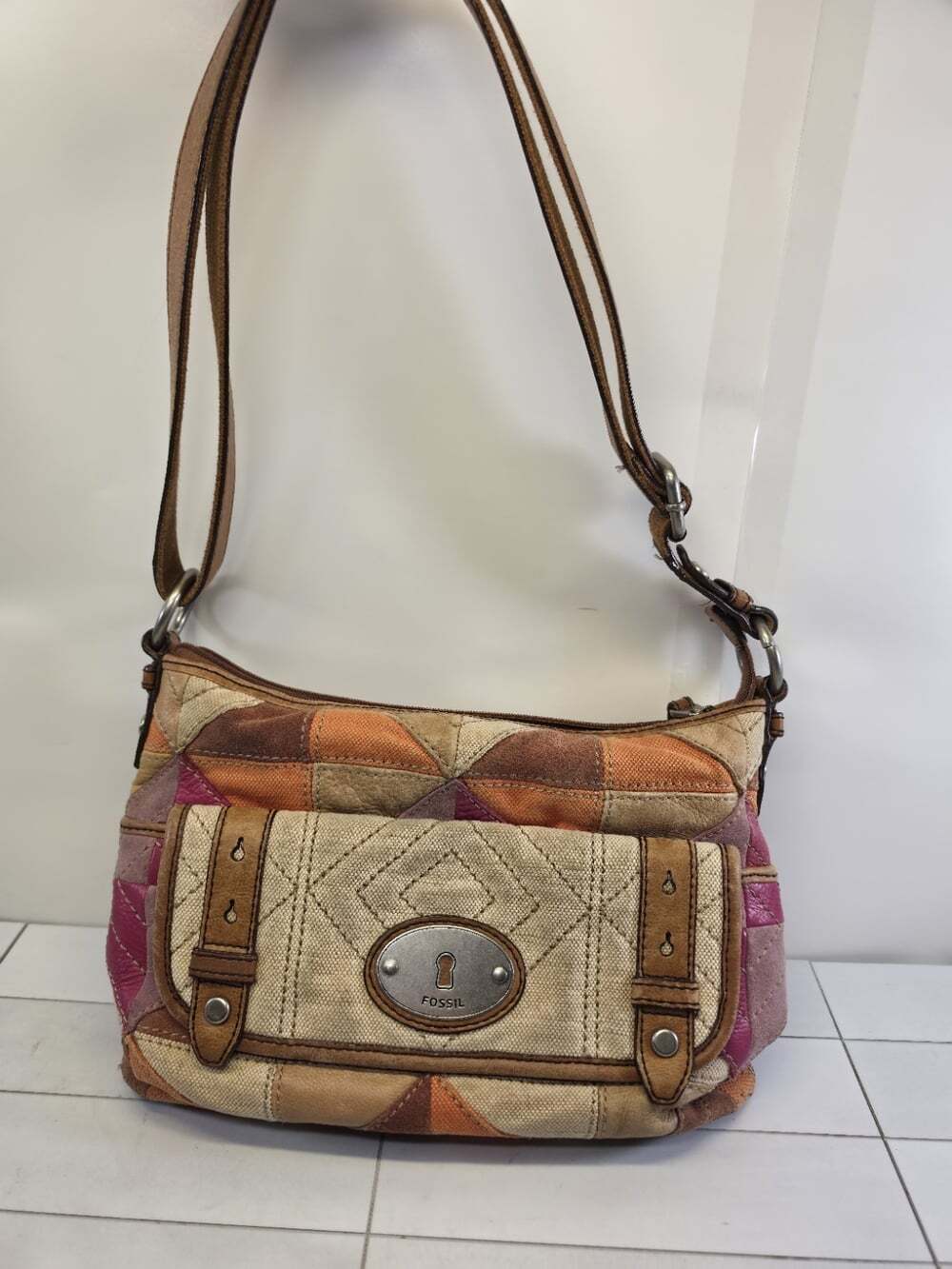 Vintage Fossil Maddox Patchwork Crossbody Bag Canvas Leather Multi Color